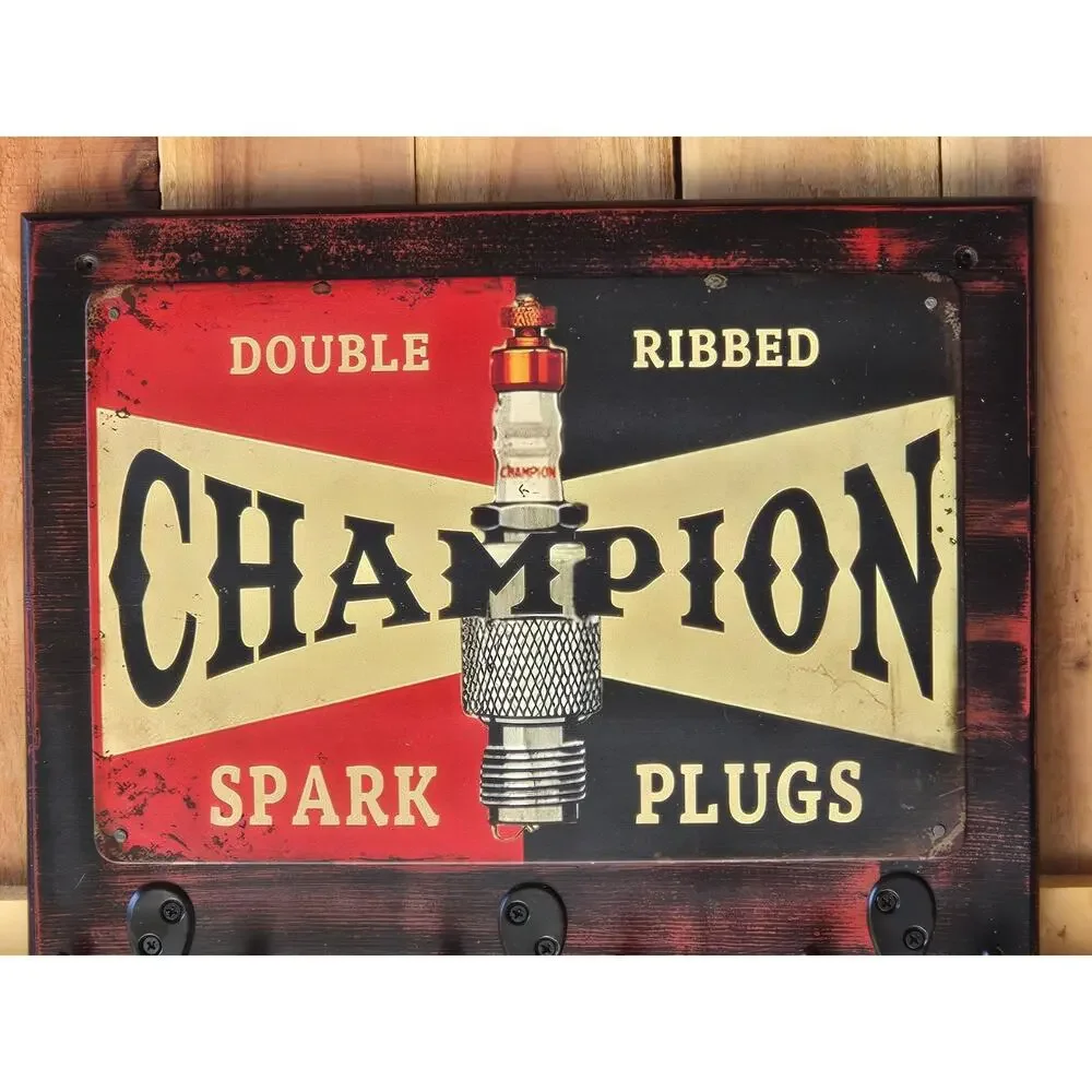Champion Spark Plug Sign, Rustic, Mounted on Solid Wood, Hooks, Handmade, New